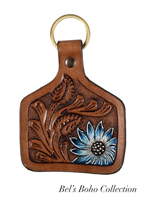 Blue Sunflower Leather Keyring