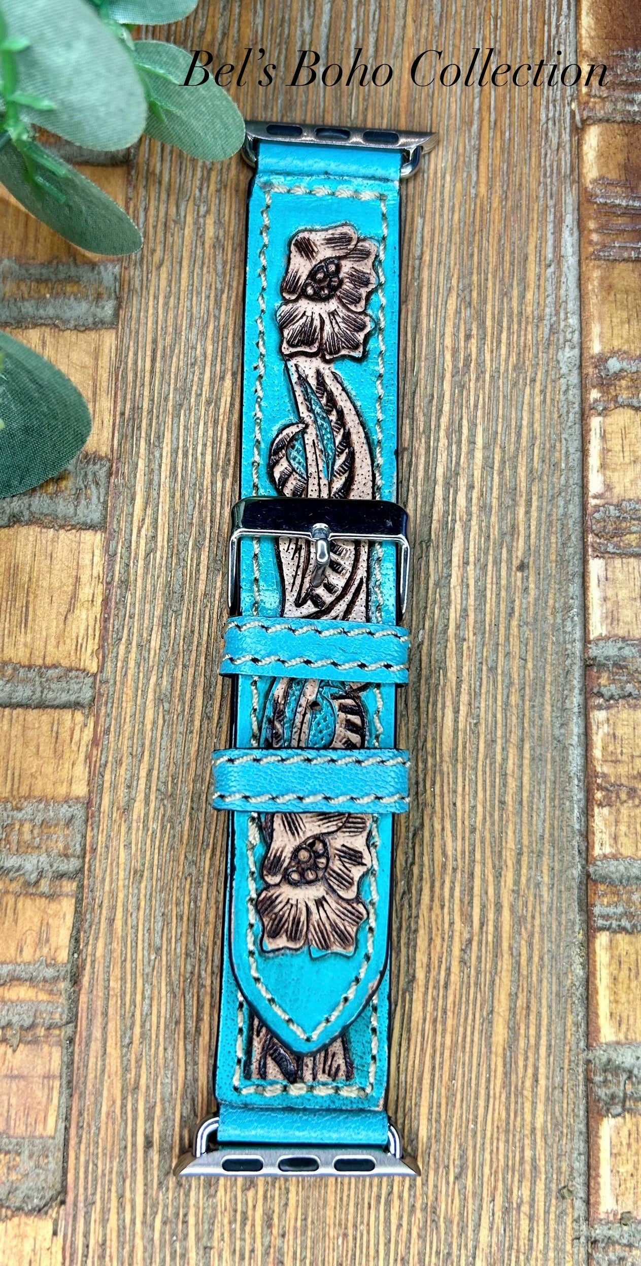 Handtooled Leather Teal Blossom iPhone Apple Watch Band