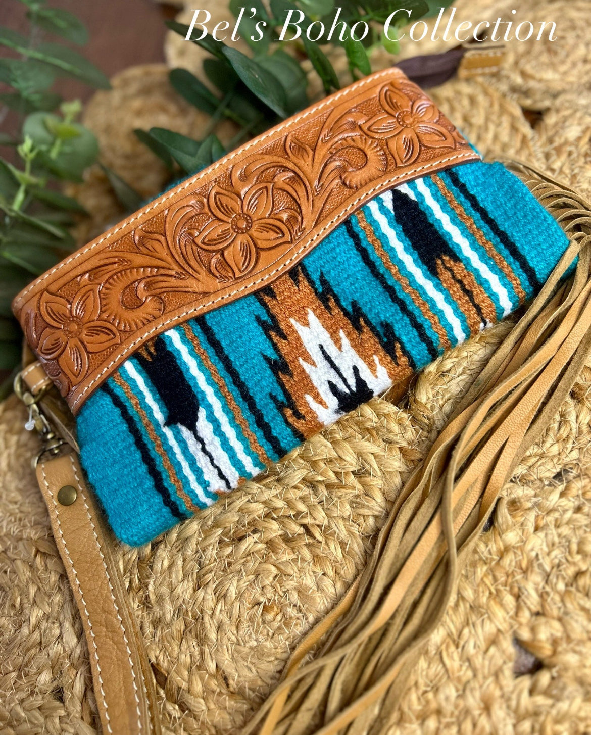 Tooled Saddle Blanket Tassel Clutch