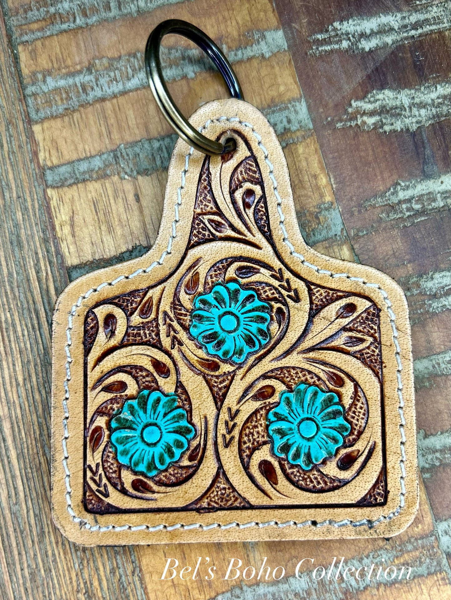 Field of Flowers Handtooled Keyring