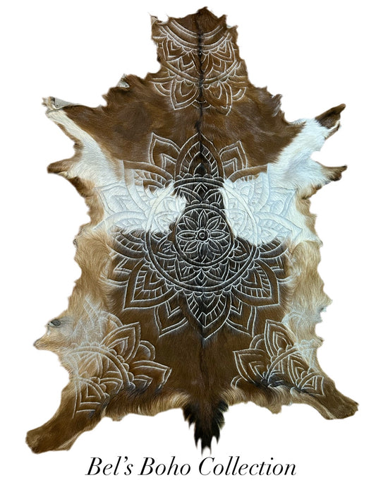 Carved Mandala Goat Hide (Brown & White)