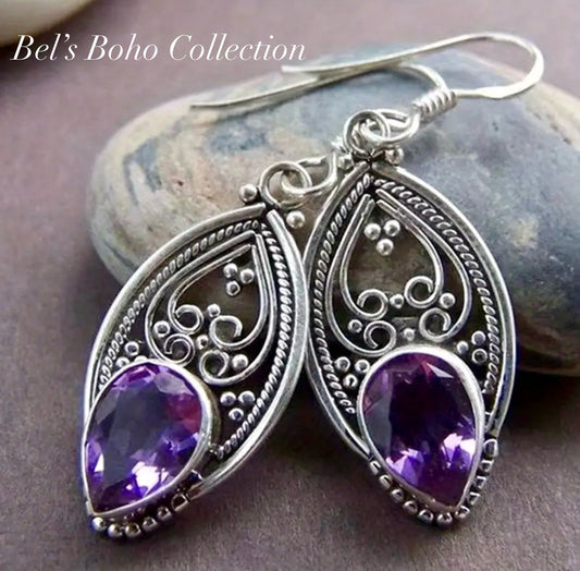 Boho Vintage Purple & Silver Pendant Earrings