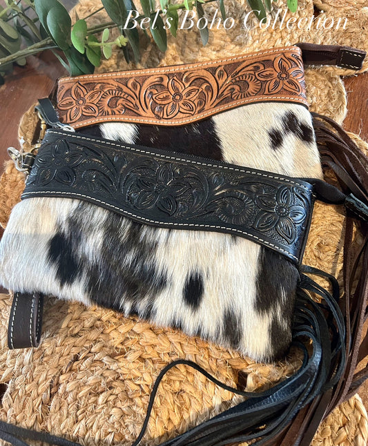 Tooled Leather & Cowhide Tassel Clutch